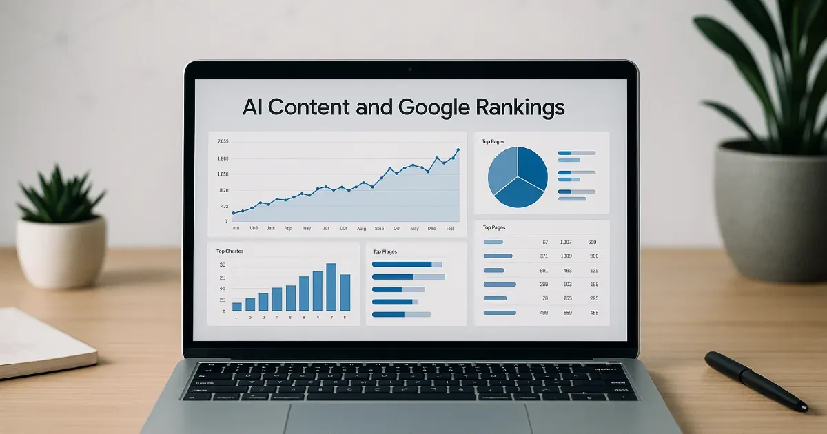 Professional workspace with analytics dashboard representing AI content and Google rankings.