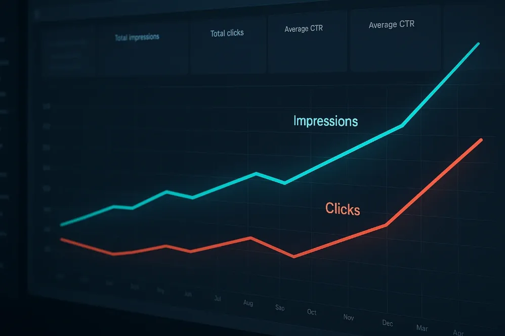 An SEO analytics dashboard showing the AI Overview alligator graph with impressions rising and clicks dropping.