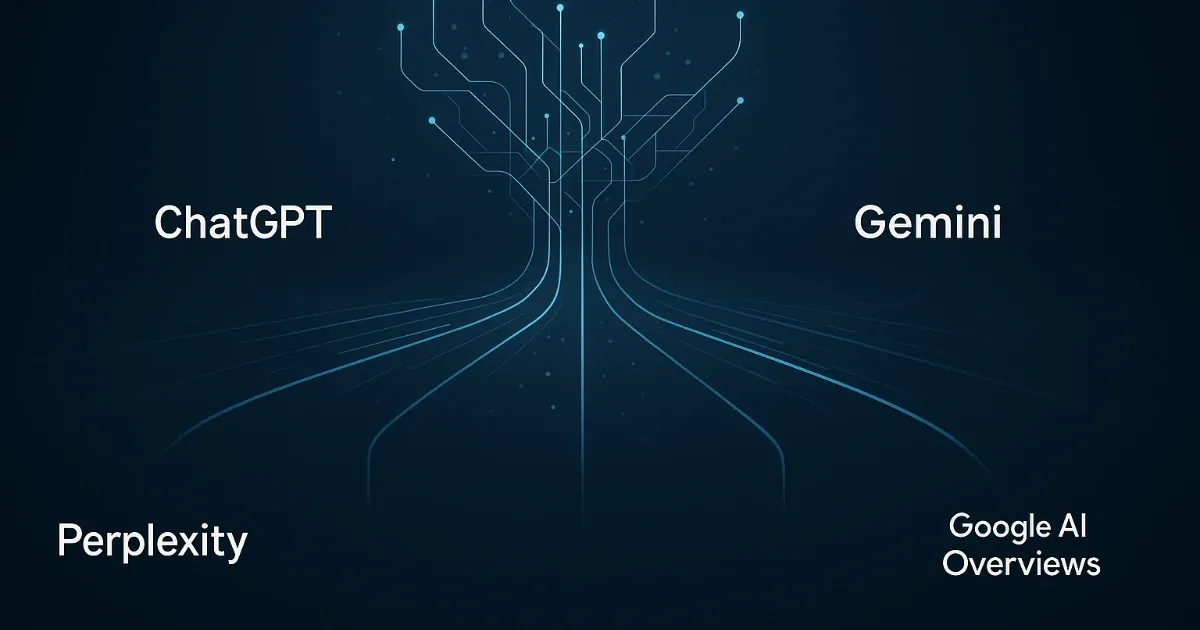 Illustration of AI platform optimization strategies with digital pathways branching toward ChatGPT, Perplexity, Gemini, and Google AI Overviews.