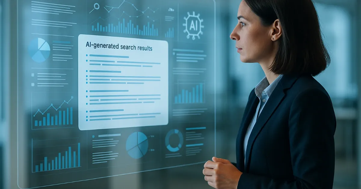 Marketer viewing AI-generated B2B search overviews on a digital interface.