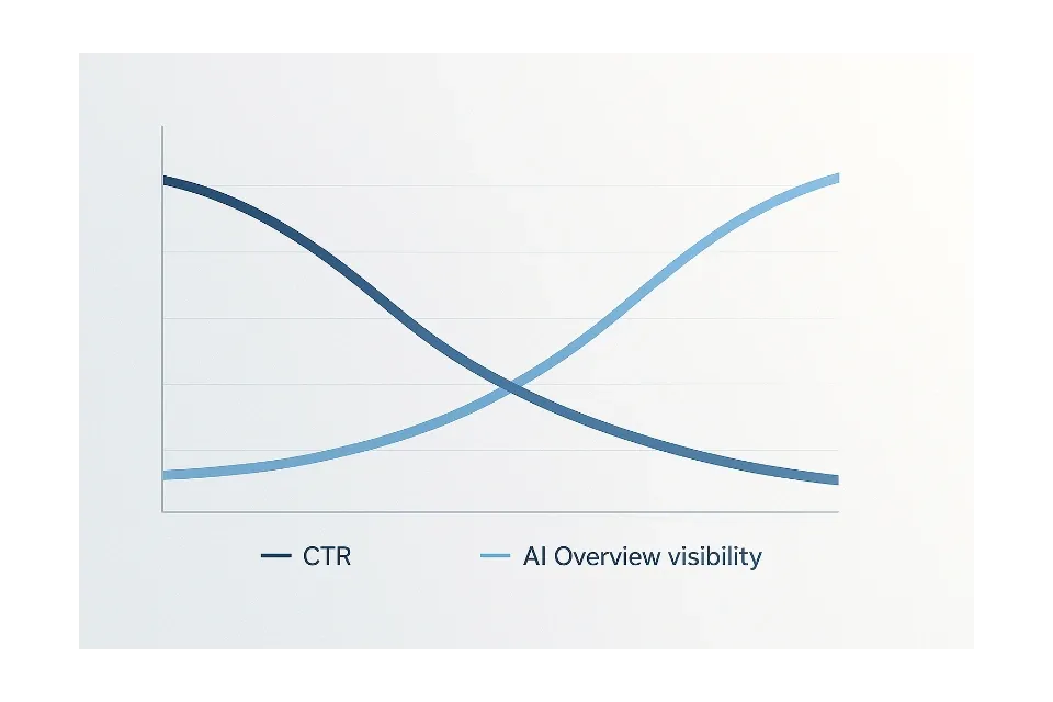 A comparison chart showing declining CTR and rising AI Overview visibility.