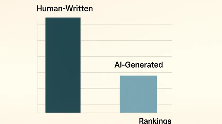 Graph comparing human vs AI content ranking percentages showing human content leading.