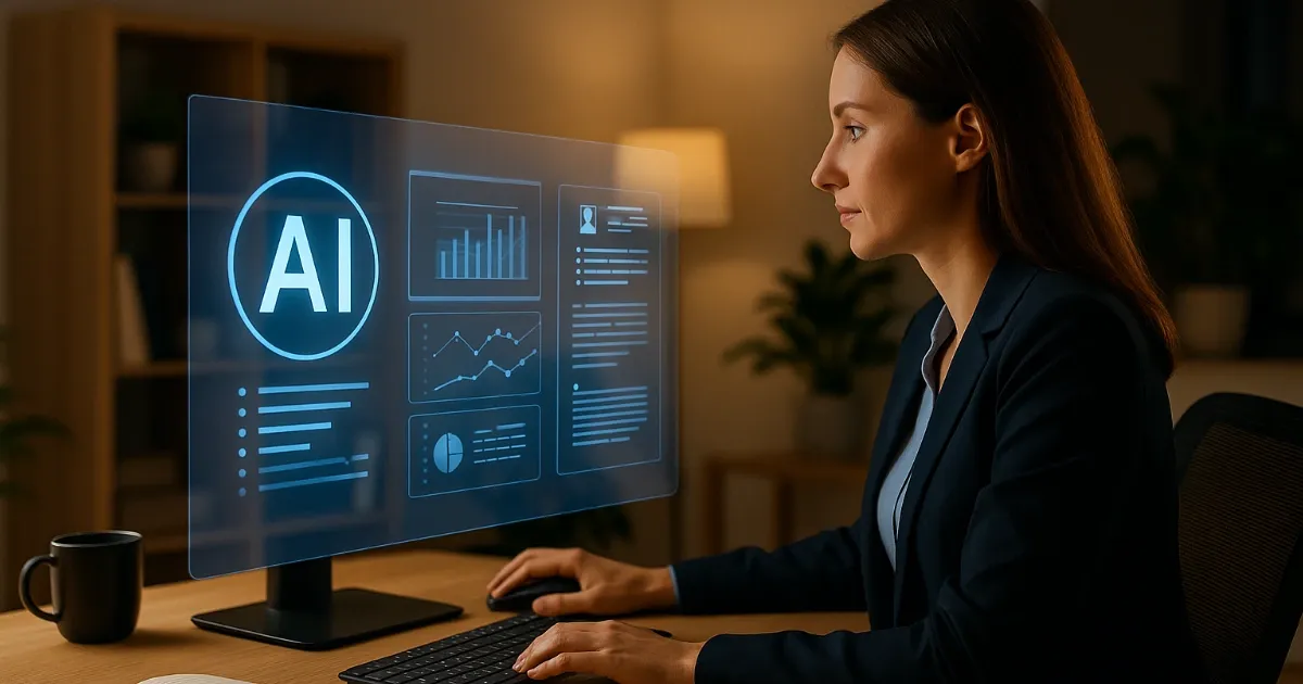 A marketing professional using AI tools to optimize content for SEO performance, illustrating hybrid AI and human collaboration.