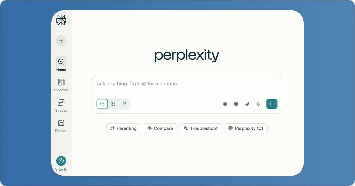 Perplexity AI search interface with query input box, navigation sidebar, and suggested topic buttons on clean blue background
